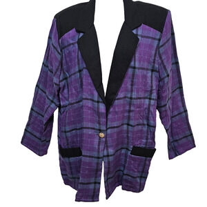 Vtg Womens Blazer 16/18 Purple Plaid 80s Power Dressing Office Siren Pockets